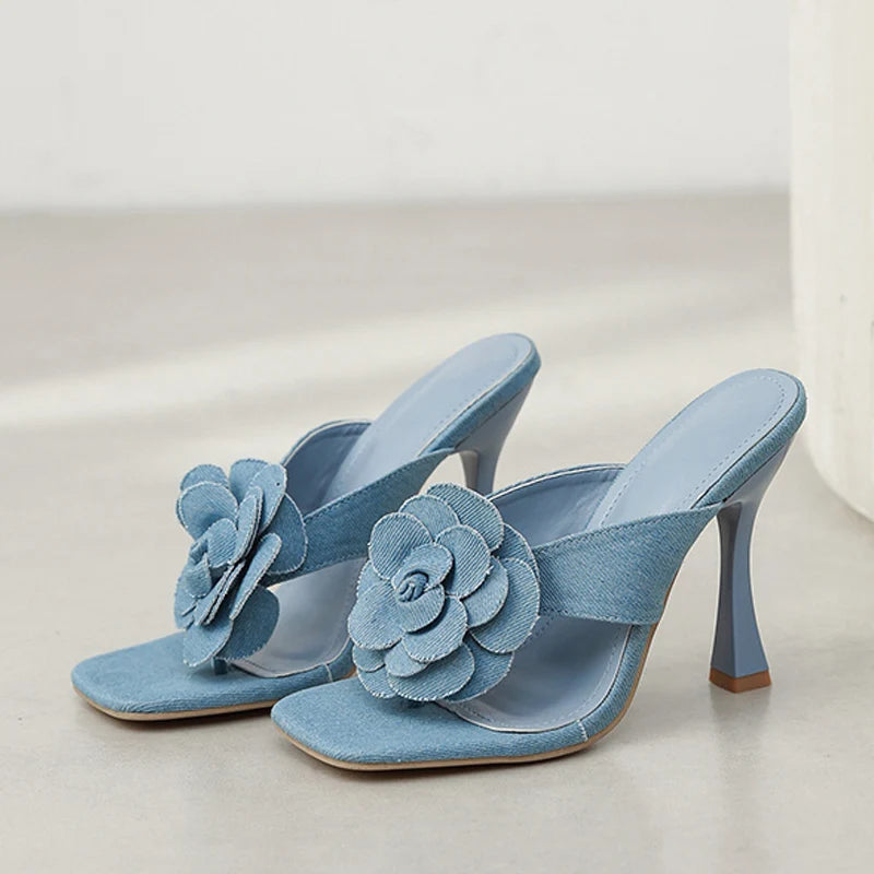 Blue Denim Flower Summer Heel Sandals Anna Kay Co