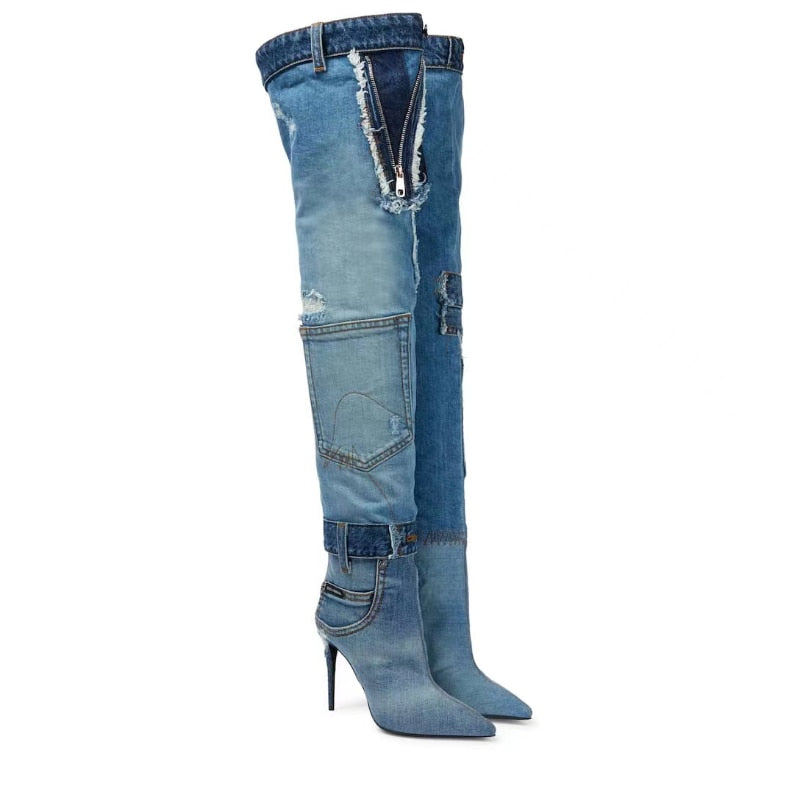 Spliced Over Knee Denim Boots