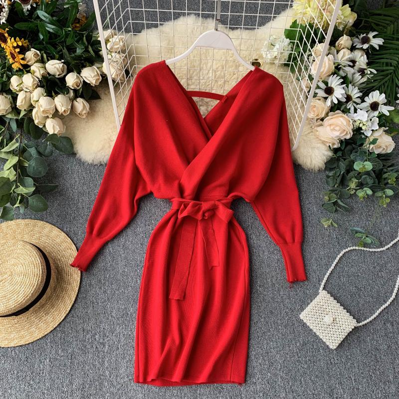 V- Neck Knitted Sweater Mini Dress Red / One Size V- Neck Knitted Sweater Mini Dress Red / One Size