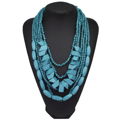 Blue Multilayer Wood Beaded Statement Necklace