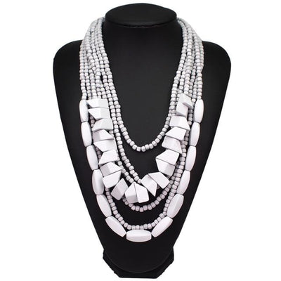White Multilayer Wood Beaded Statement Necklace