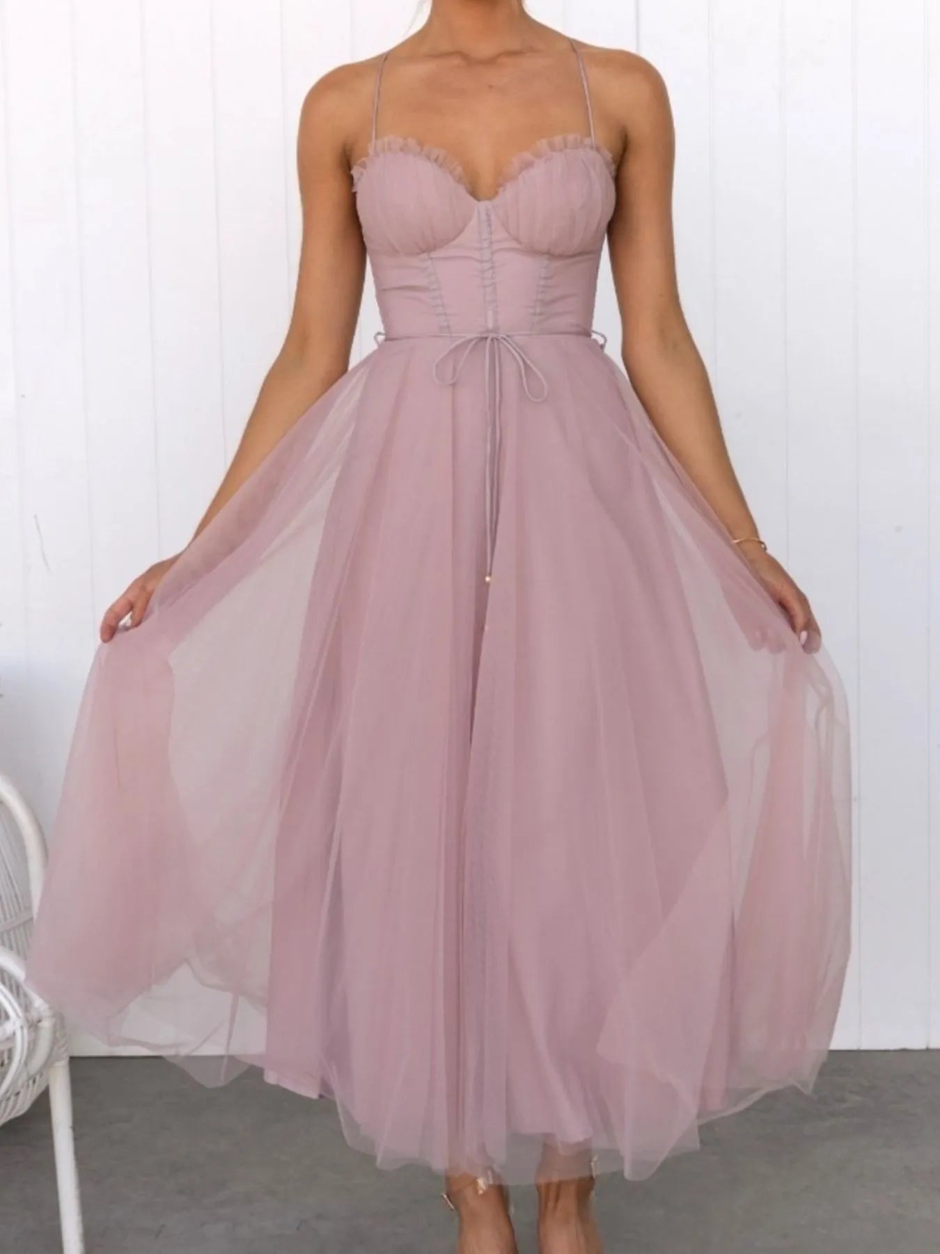 Sweetheart Neck Tulle Midi Dress Caramel / M Sweetheart Neck Tulle Midi Dress Caramel / M