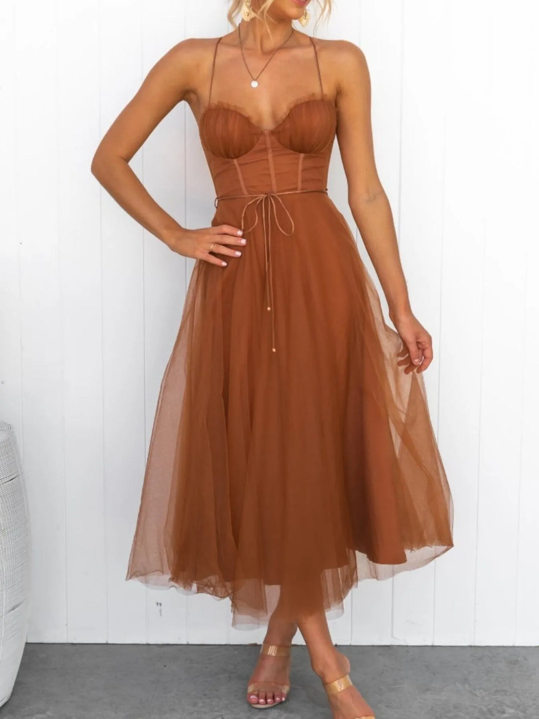 anne flocked heart tulle midi dress Sweetheart Neck Tulle Midi Dress Caramel / M