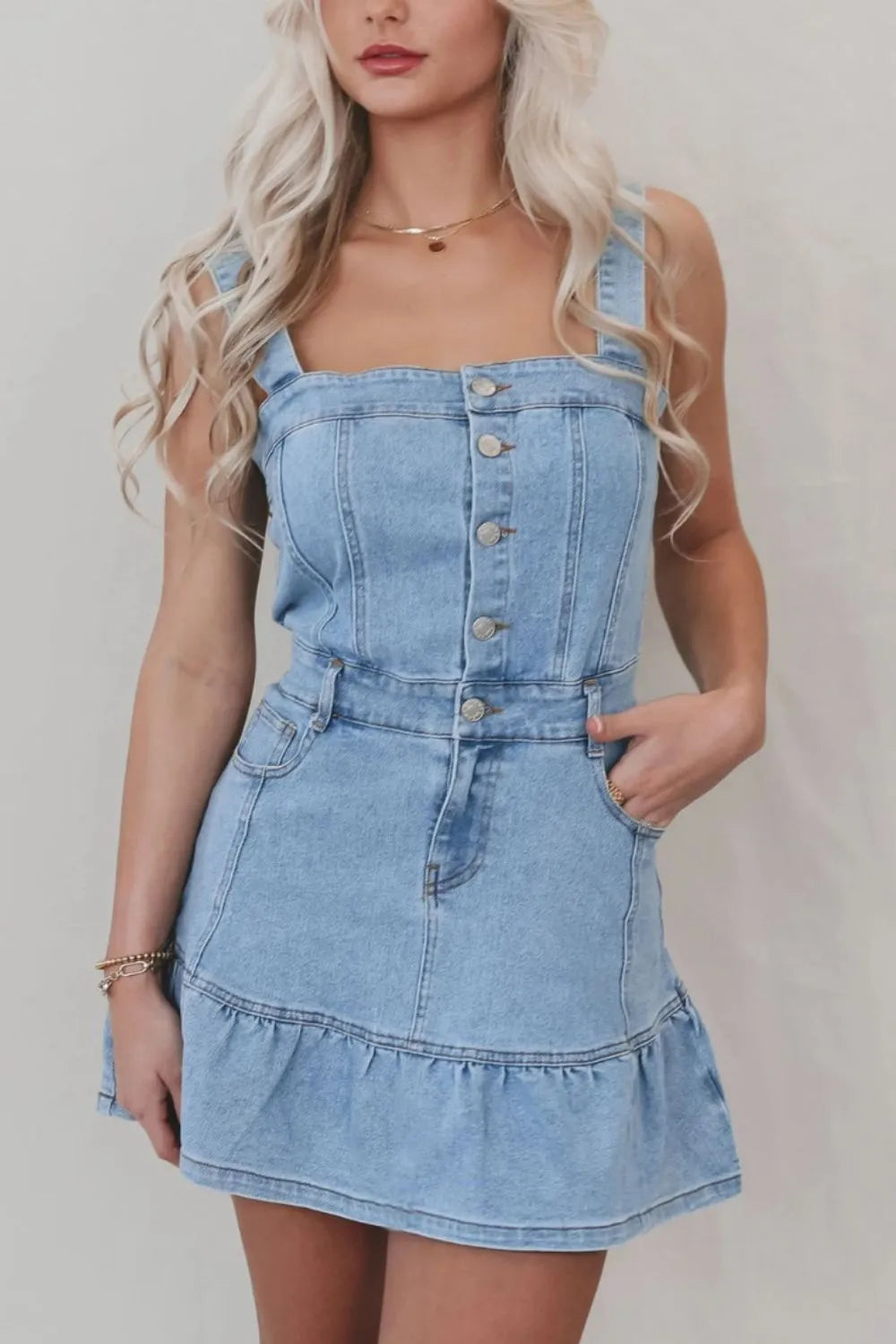 Wholesale MOQ6 Ruffled Hem Button Front Square Neck Denim Dress