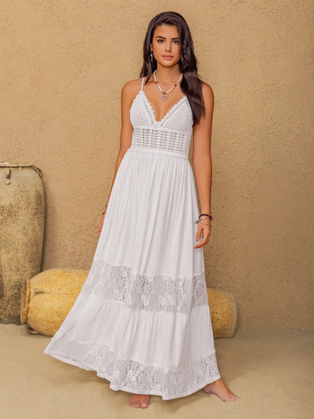 Wholesale MOQ6 Lace Detail Crochet Tiered Maxi Cami Dress