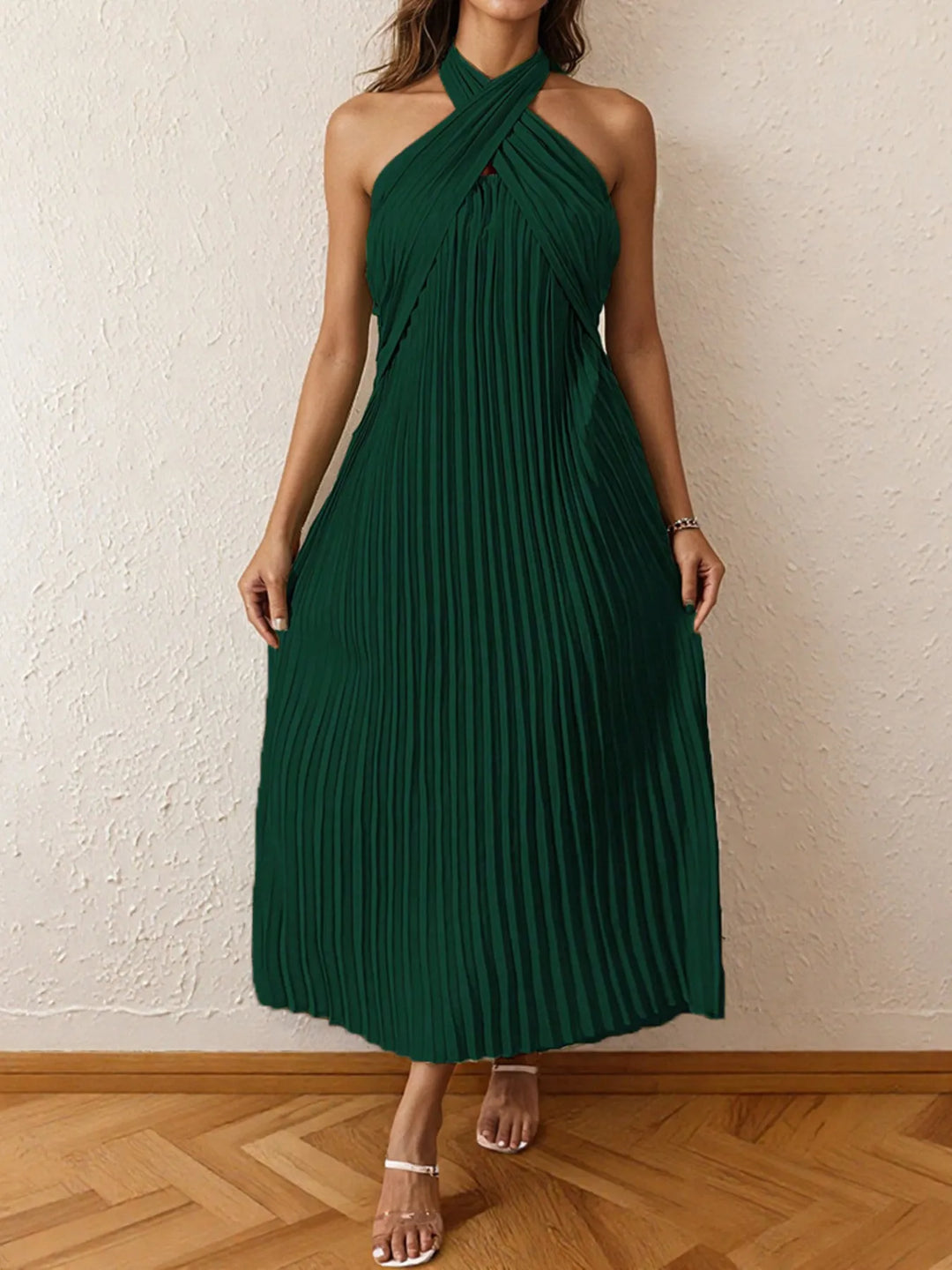 Pleated Halter Neck Midi Dress Matcha Green / 2XL Pleated Halter Neck Midi Dress Matcha Green / 2XL