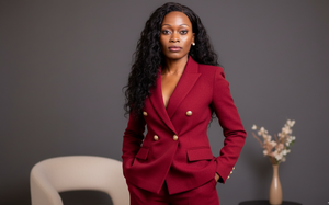 Woman in a red suit standing against a gray background