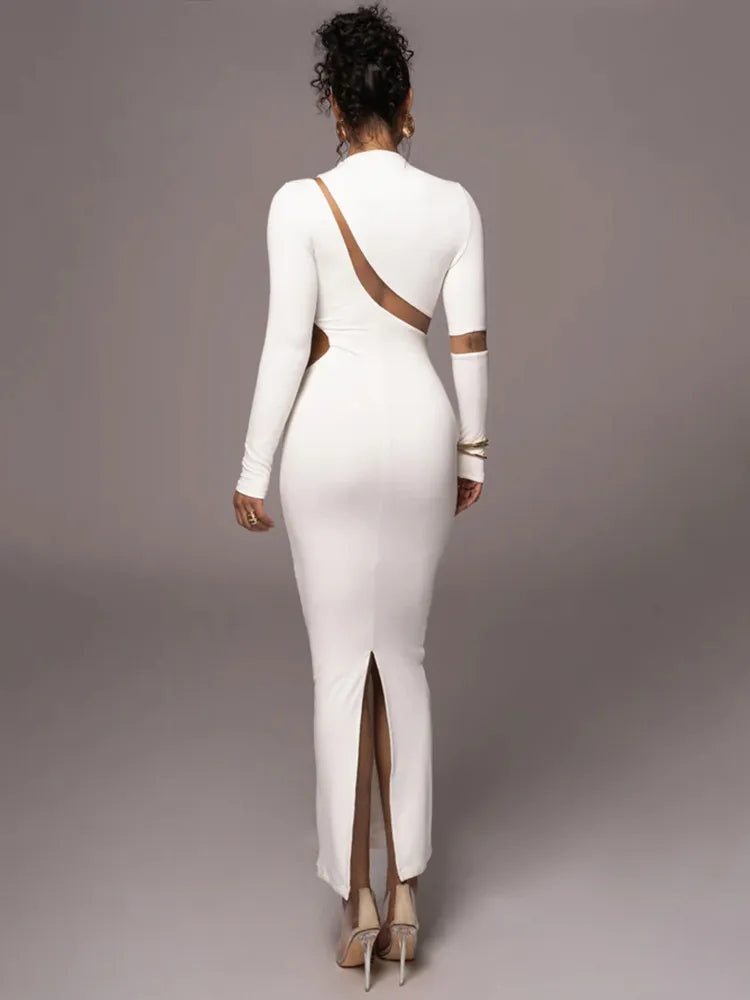 long sleeve white bodycon maxi dress Turtleneck Long Sleeve Bodycon Maxi Dress White / L