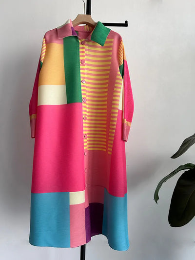 Pleated Lapel Stripe Print Dress