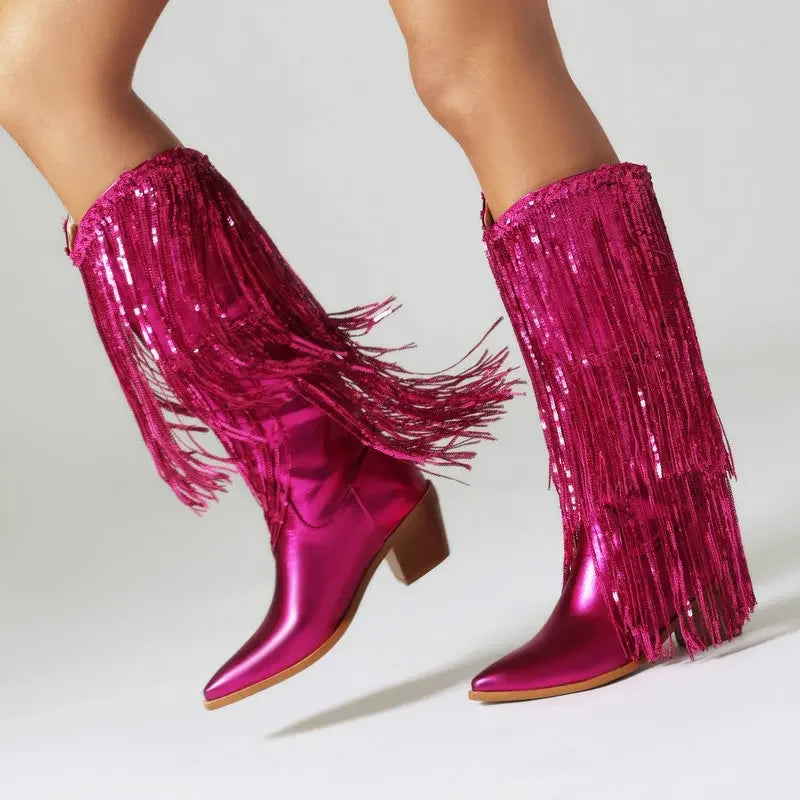 Pink fringe cowboy boots best sale