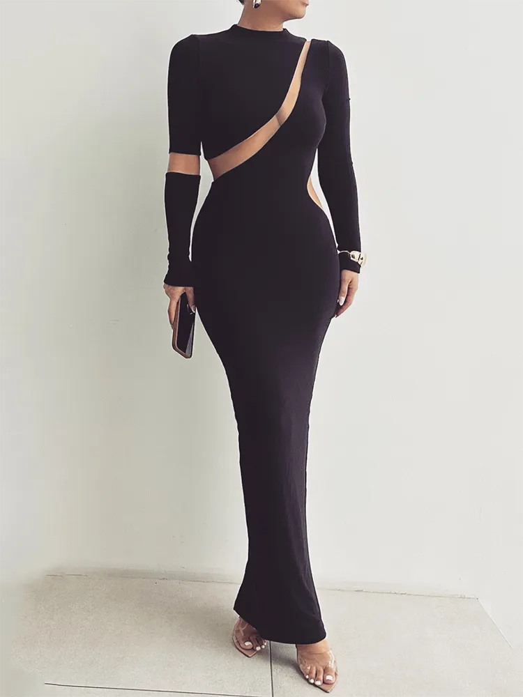 fitted lace wedding dress Galaxy | Black Sequin Turtle-Neck Long-Sleeve Maxi Dress main image 1