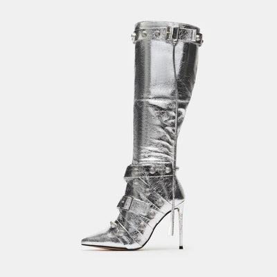 Silver Rivet Knee High Boots