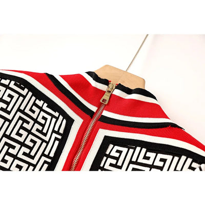 V-neck Geometrical Embroidery Knit Stretchy Dress