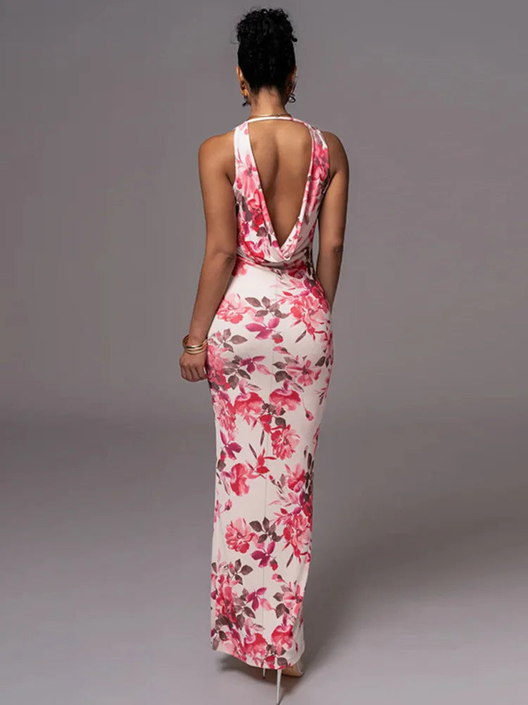 Sleeveless Backless Print Maxi Dress