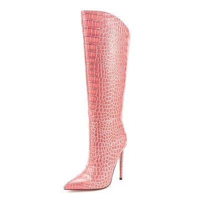 Pink Pointed Toe Crocodile Print Women's High Boots
