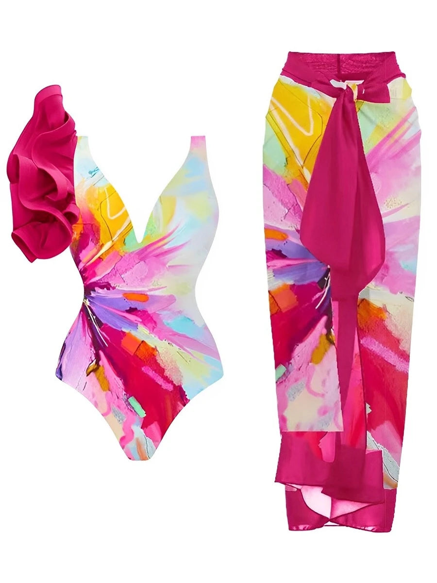 Frill One Piece Swimsuit String Skirt Set Rose M