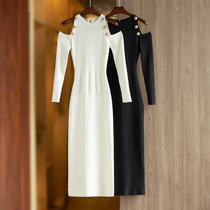 off shoulder woolen dress Elegant Off-Shoulder Long Knitted Dress – Anna Kay & Co