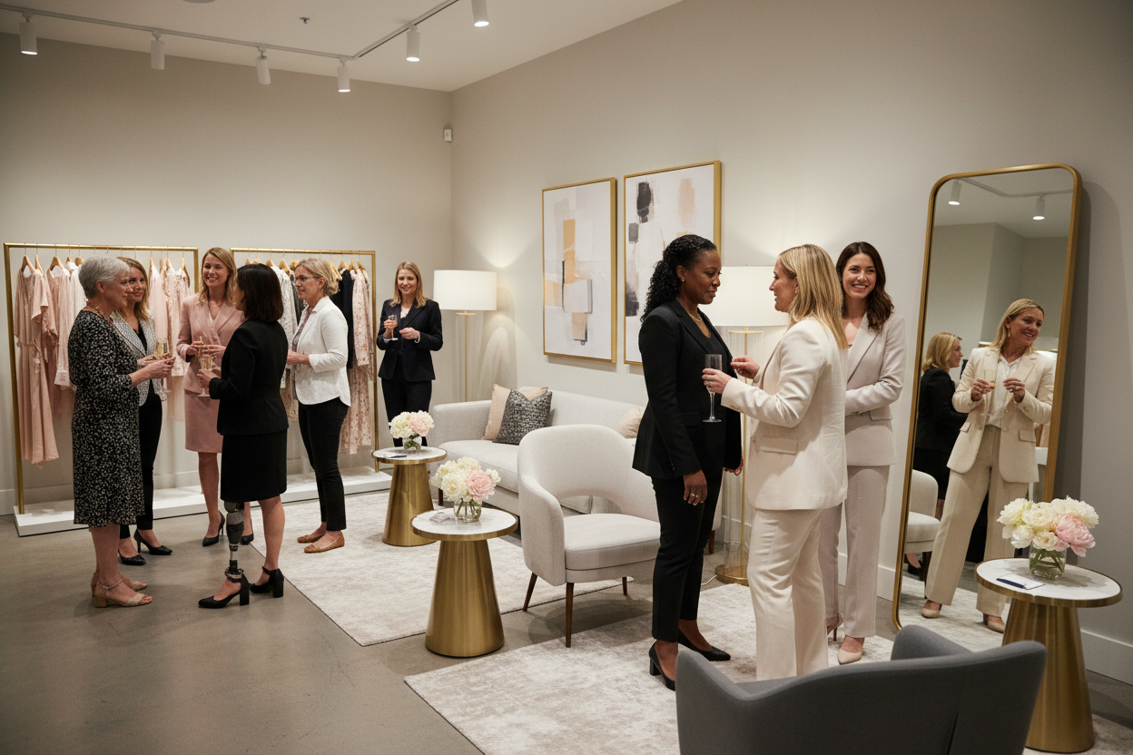 a corporate sty;ing service event, elegant scene with diverse women