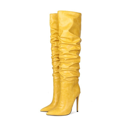 Yellow Pointed Toe Pleated Knee-length Boots