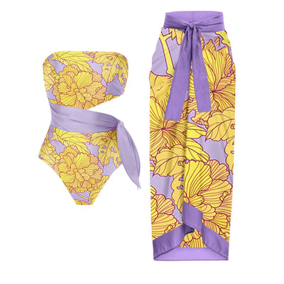 Yellow Purple Vintage Print Bikini Swimsuit