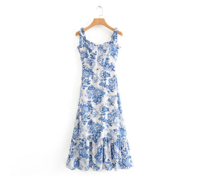 Blue White Rose Print Midi Dress