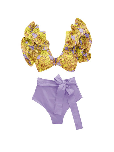 Yellow Purple Vintage Print Bikini Swimsuit