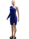 Elegant Sequin Single Shoulder Feather Mini Dress