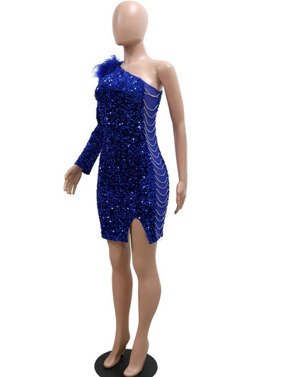 Elegant Sequin Single Shoulder Feather Mini Dress