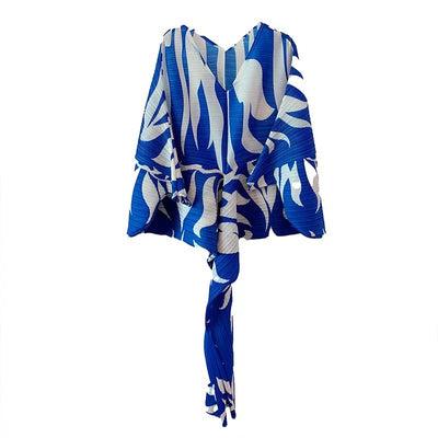Blue Pleated Color Block Batwing Sleeves