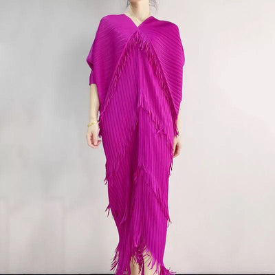 Pink Tassel Batwing Sleeve Pleated Dress