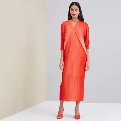 Orange Pleated Batwing Sleeve Midi Dress