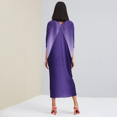 Purple Pleated Batwing Sleeve Midi Dress