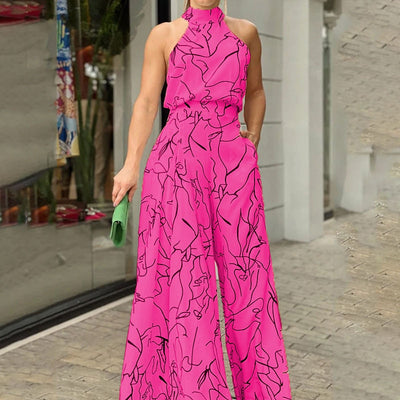 Pink Halter Neck Sleeveless Art Print Jumpsuit