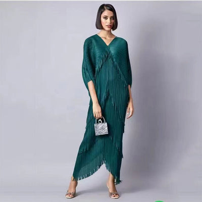 Green Tassel Batwing Sleeve Pleated Dress