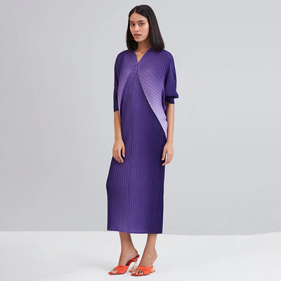 Purple Pleated Batwing Sleeve Midi Dress