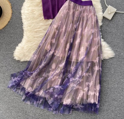 Purple High Waist Gauze Skirt Set