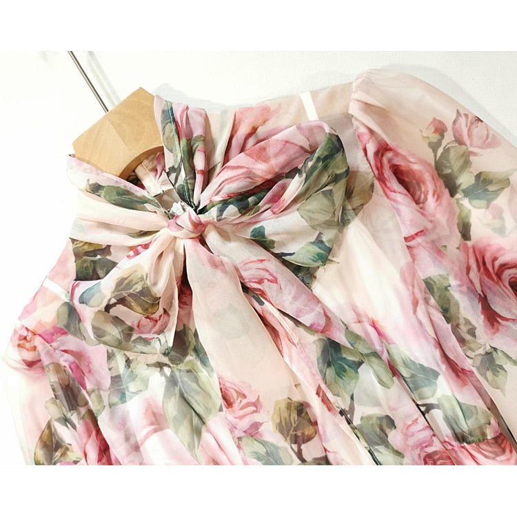Elegant Bow Collar Floral Print Dress