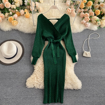 Green Shiny Knitted Sweater Dress