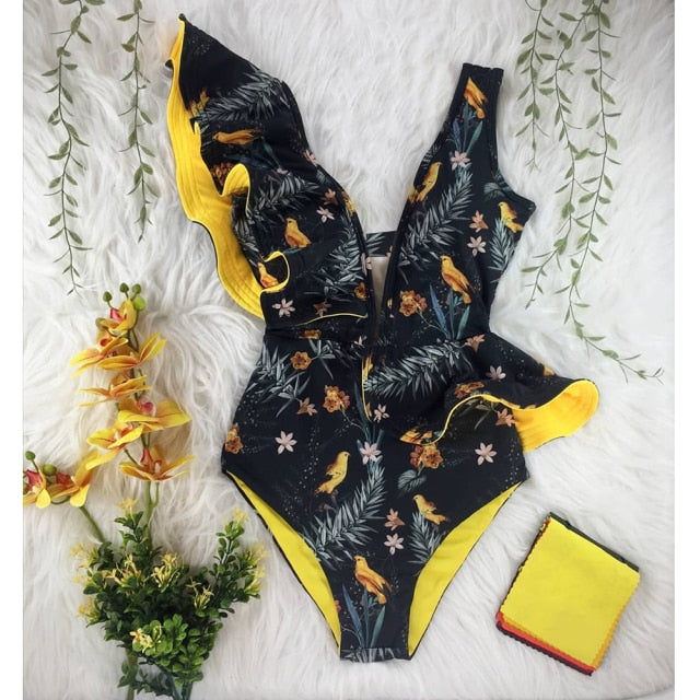 Women's V Neck Ruffle One Piece Swimsuit Tropical Floral Bathing Suit -  Cupshe-XL-Black Floral