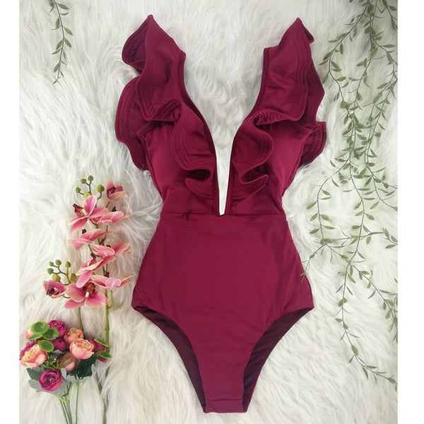 One Piece V neck Ruffle Swimsuit