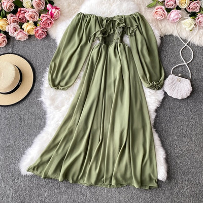 Green Puff Sleeve High Waist Long Sleeve Dress