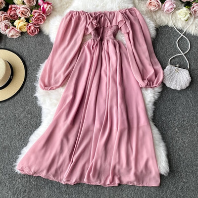 Pink Puff Sleeve High Waist Long Sleeve Dress
