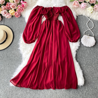 Red Puff Sleeve High Waist Long Sleeve Dress