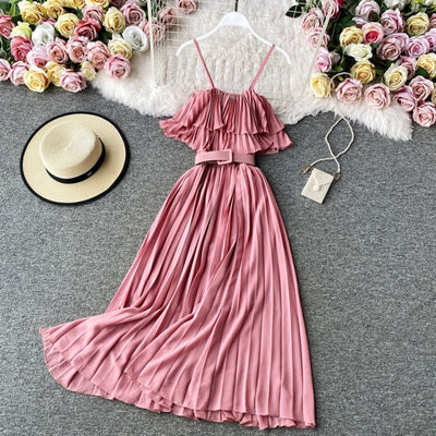 Pink Ruffles Off Shoulder Spaghetti Strap Dress