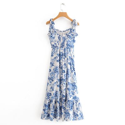 Blue White Rose Print Midi Dress
