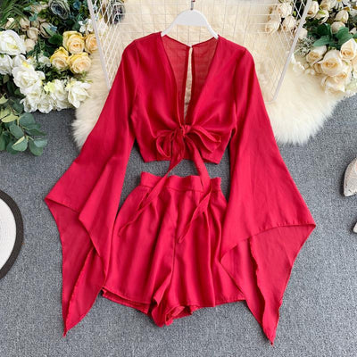 2 Piece Flare Sleeve Crop Top & Shorts