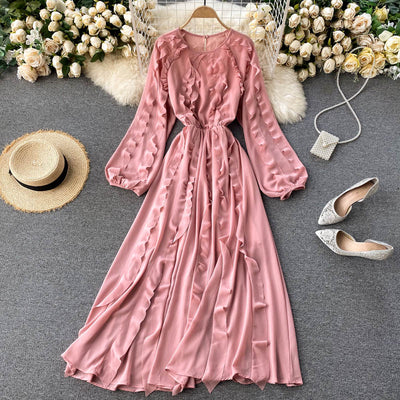 Pink Sweet O Neck Puff Sleeve A-line Long Sleeve Dress