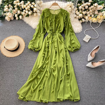 Green Sweet O Neck Puff Sleeve A-line Long Sleeve Dress