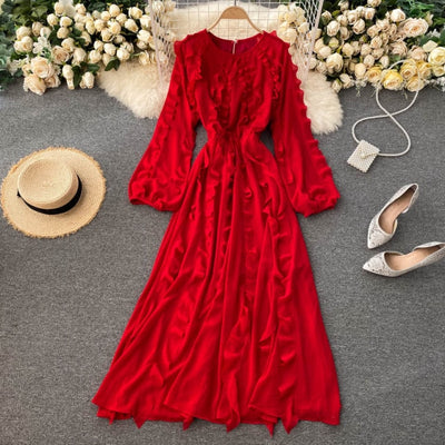 Red Sweet O Neck Puff Sleeve A-line Long Sleeve Dress