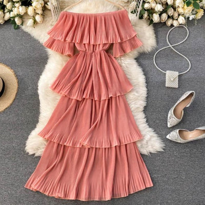 Pink Strapless Shoulder Ruffles Dress